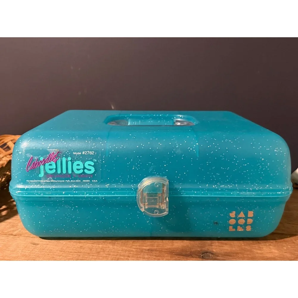 Vintage Caboodles Jellies Organizer Vanity Teal Blue Glitter Makeup Case 2762